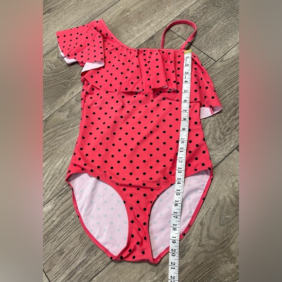 🧡 NOW Shoulder Ruffle Trim One-Piece Swimsuit - Orange with black Polka Dots 🧡 - Picture 7 of 12